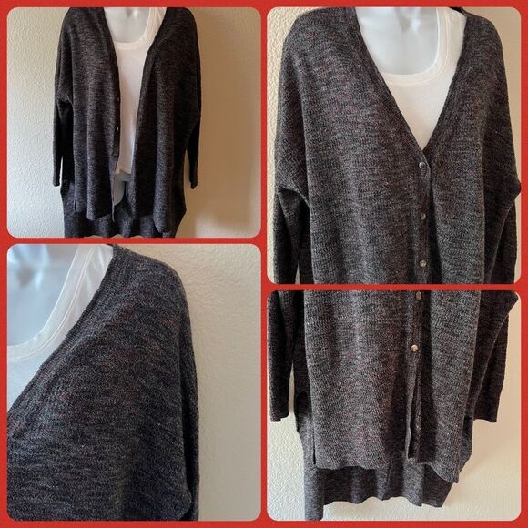 Free People Black Knit Soft Relaxed V Neck Button Dow Duster Sweater Stretch S/M - Picture 6 of 16